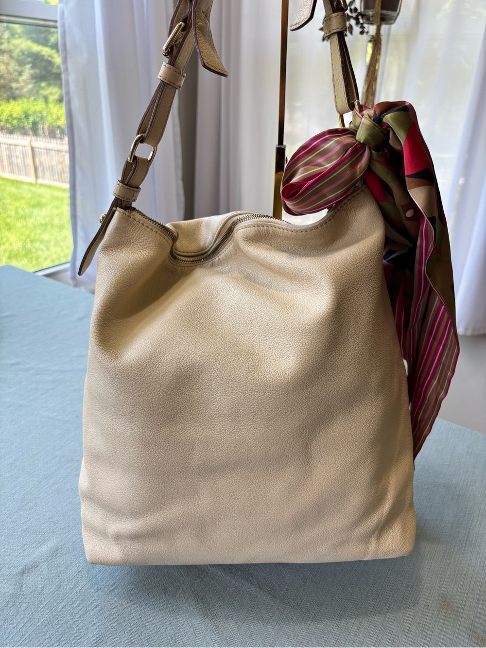 Dooney & Bourke Ecru Cream Pebbled Leather Shoulder Hobo with Colorful Scarf - Picture 4 of 16